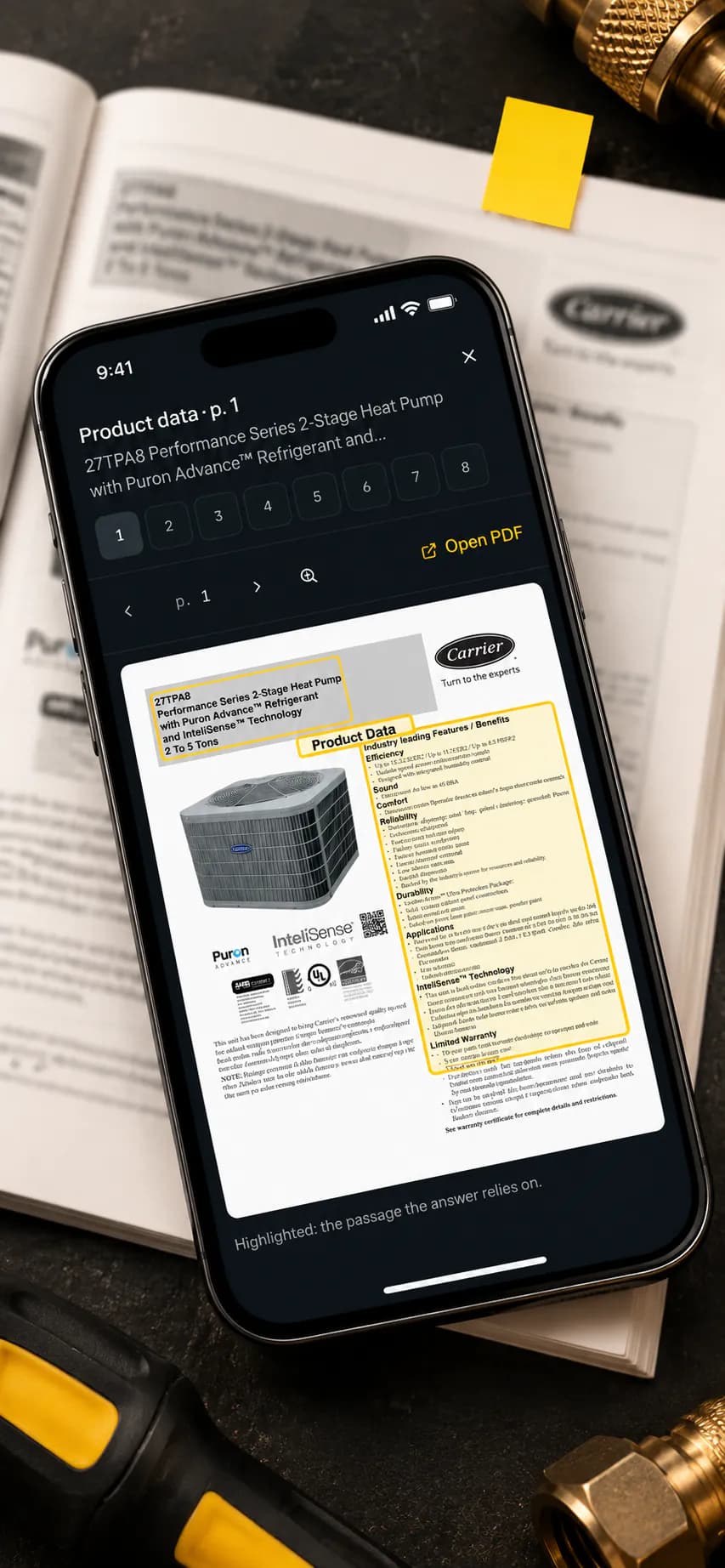 Carrier 27TPA8 product data, page 1, open in MyLeadTech on a phone lying on the manual, with the cited passage highlighted.