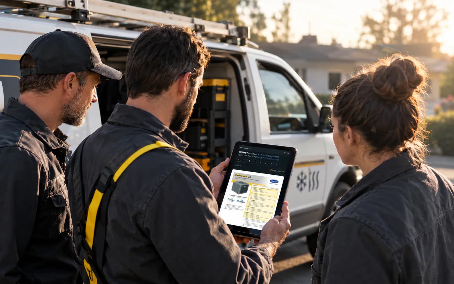 Three HVAC technicians by their service van, reviewing a Carrier product data page together on a tablet.